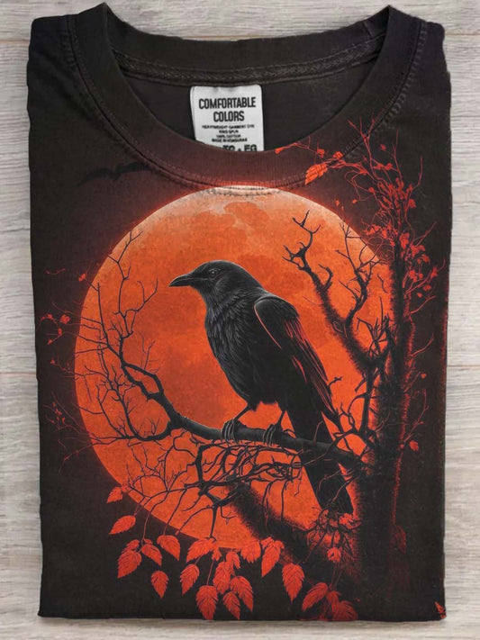 Halloween Red Moon Raven Print Casual Short Sleeve T-Shirt