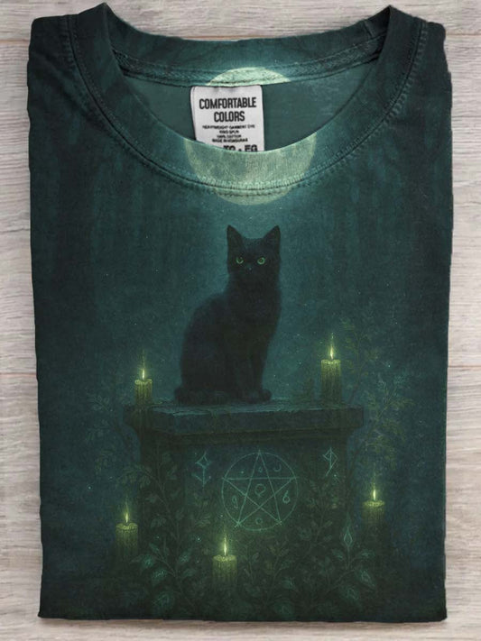 Halloween Magic Black Cat Print Casual Short Sleeve T-Shirt