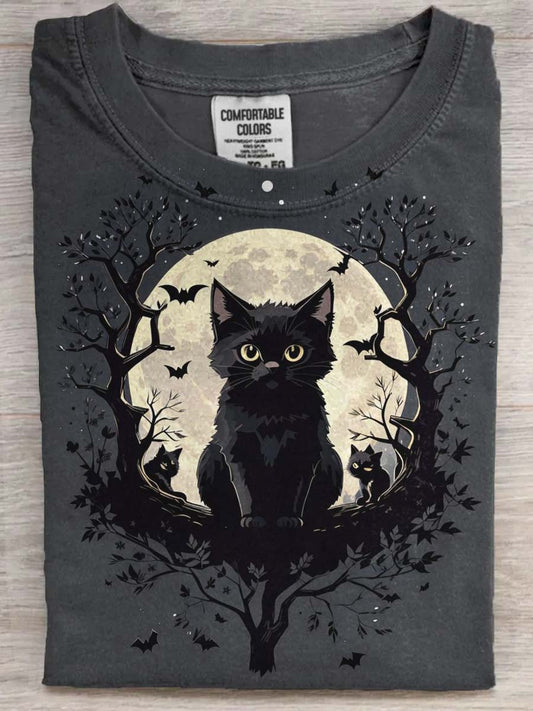 Halloween Black Cat Print Casual Short Sleeve T-Shirt
