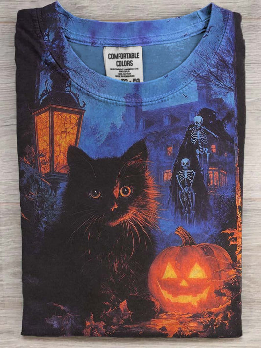 Halloween Black Cat Print Casual Short Sleeve T-Shirt