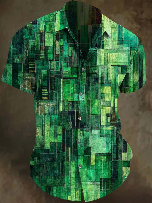 Irregular Square Print Casual Short Sleeve Shirt