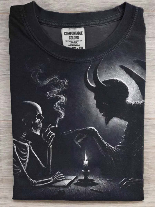 Halloween Skull & Satan Print Casual Short Sleeve T-Shirt