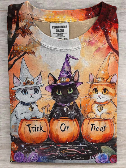 Halloween Cute Cat Print Casual Short Sleeve T-Shirt