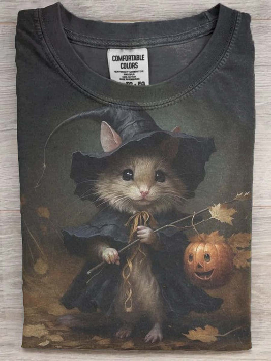 Halloween Wizard Mouse Print Casual Short Sleeve T-Shirt