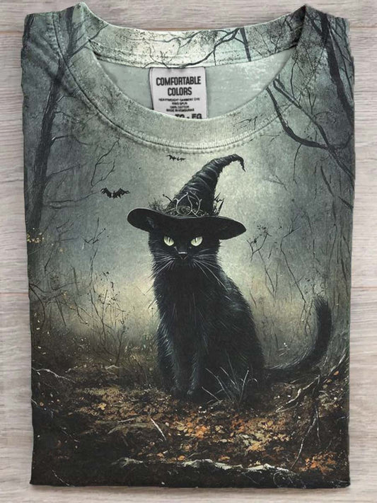 Halloween Witch Black Cat Print Casual Short Sleeve T-Shirt