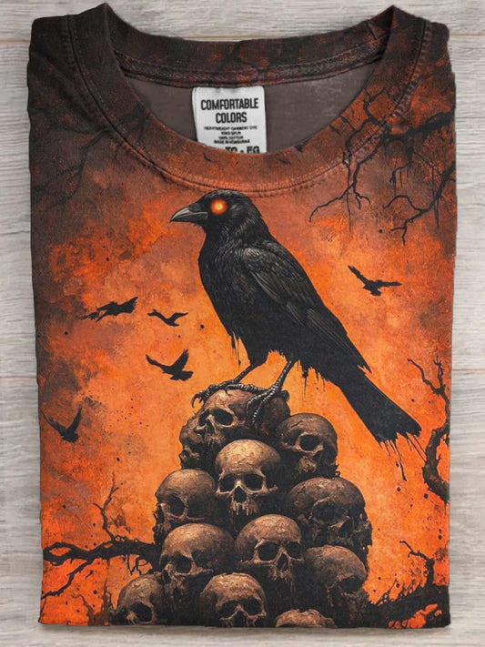 Halloween Raven Skull Print Casual Short Sleeve T-Shirt