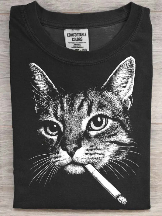 Halloween Smoking Cat Printed Casual Short Sleeve T-Shirt