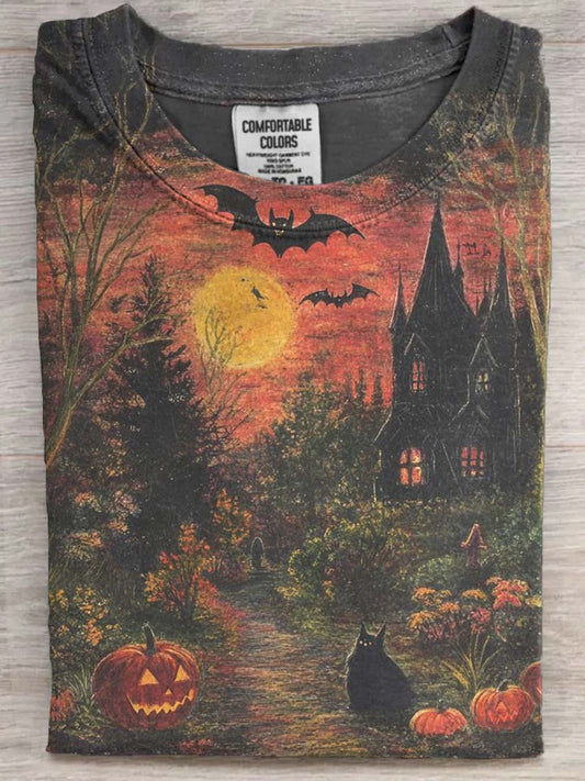 Halloween Black Cat Castle Print Casual Short Sleeve T-Shirt