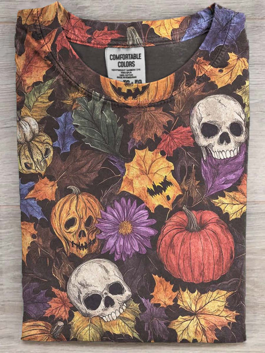 Halloween Pumpkin Skull Print Casual Short Sleeve T-Shirt