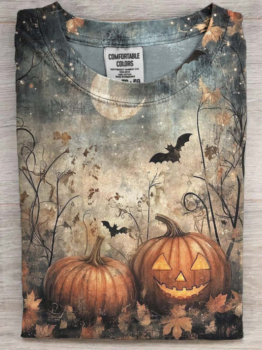 Halloween Pumpkin Bat Print Casual Short Sleeve T-Shirt