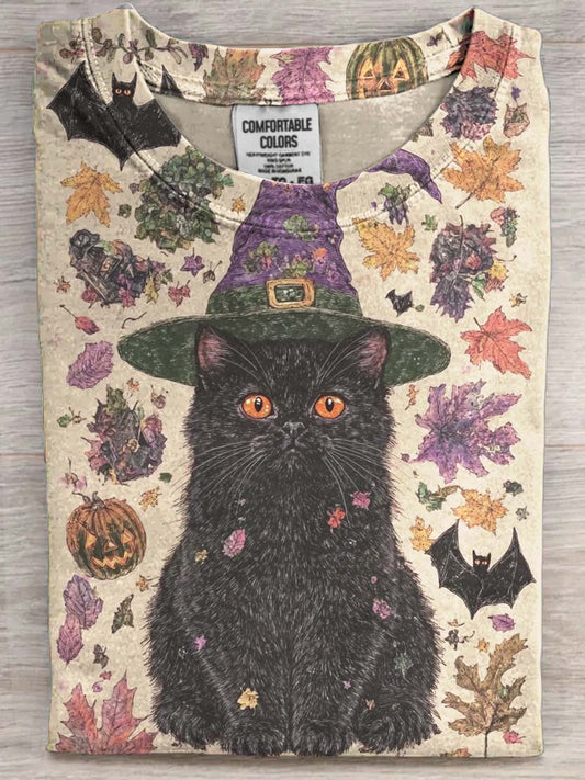 Halloween Cute Cat Print Casual Short Sleeve T-Shirt