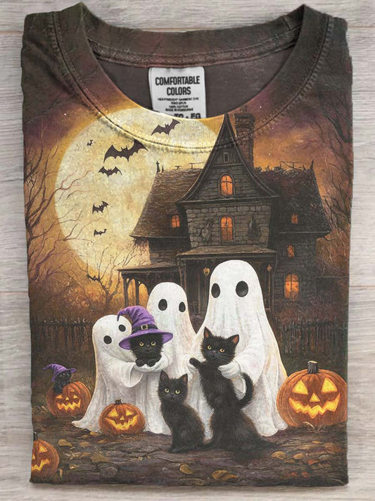 Halloween Castle Ghost Cat Print Casual Short Sleeve T-Shirt