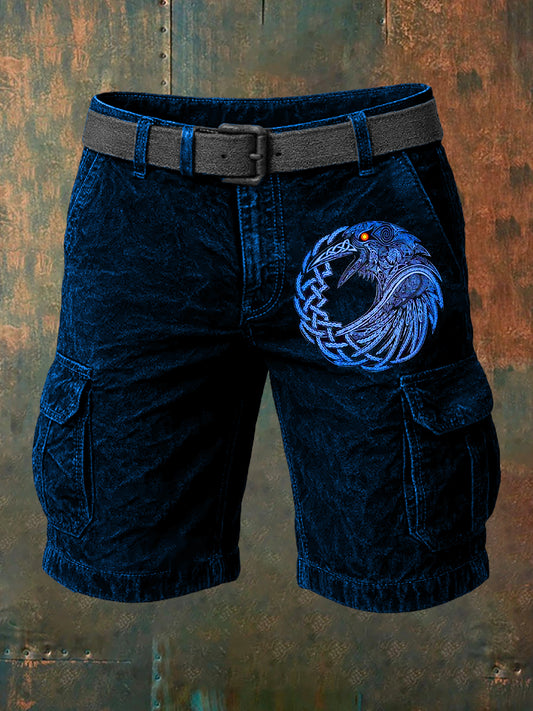 Men's Vintage Crow Art Print Casual Shorts