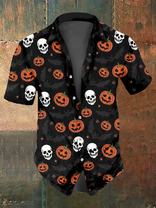 Men's Abstract Halloween Pumpkin Skull Print Casual Short Sleeved Shirt