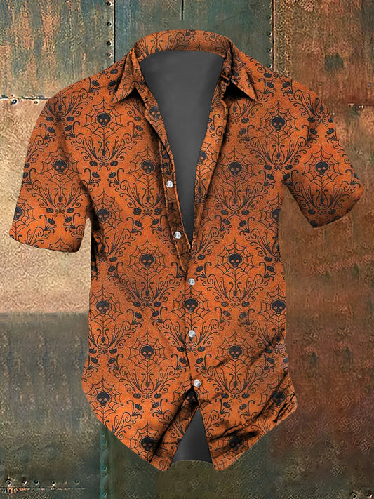 Men's Abstract Halloween Gothic Pumpkin Print Casual Short Sleeved Shirt