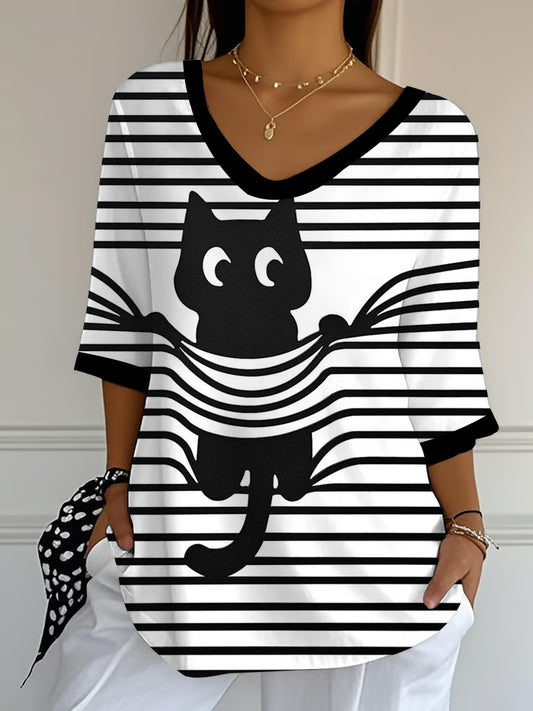 Women's Halloween Cat Half-Sleeve T-Shirt