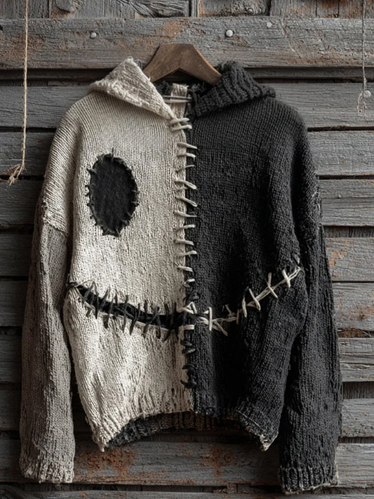 Women's Halloween Spooky Face Contrast Stitched Hooded Cozy Knit Sweater