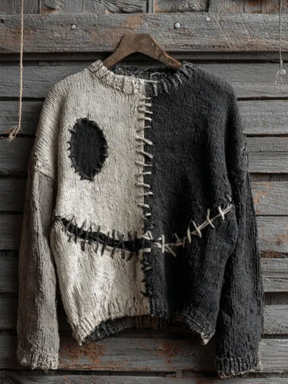 Unisex Halloween Spooky Face Contrast Stitching Comfortable Knitted Sweater