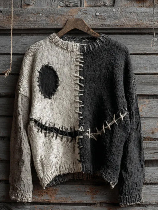 Unisex Halloween Spooky Face Contrast Stitching Comfortable Knitted Sweater