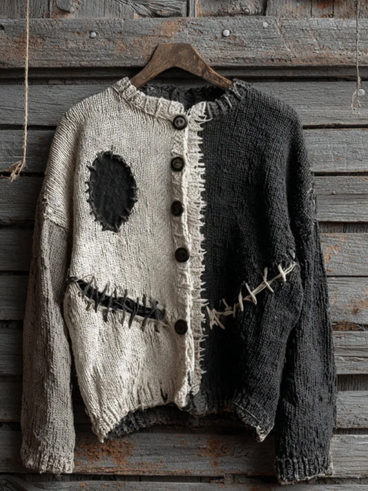 Women's Halloween Spooky Face Contrast Stitched Cozy Knit Cardigan