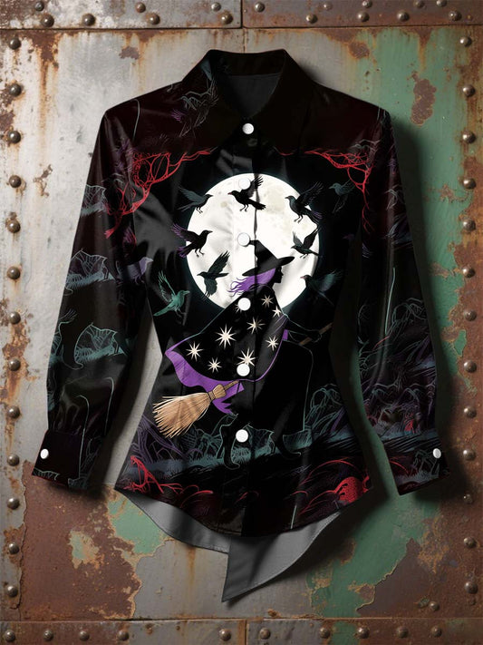 Women's  Vintage Punk Halloween Witch Moon Raven Printed Casual Long Sleeve Irregular Shirt