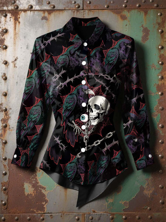Women's  Vintage Punk Halloween Skull Raven  Printed Casual Long Sleeve Irregular Shirt