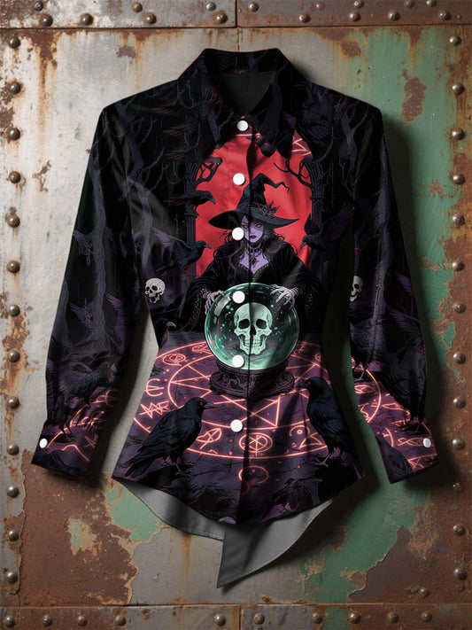 Women's  Vintage Punk Halloween Witch Bats Printed Casual Long Sleeve Irregular Shirt