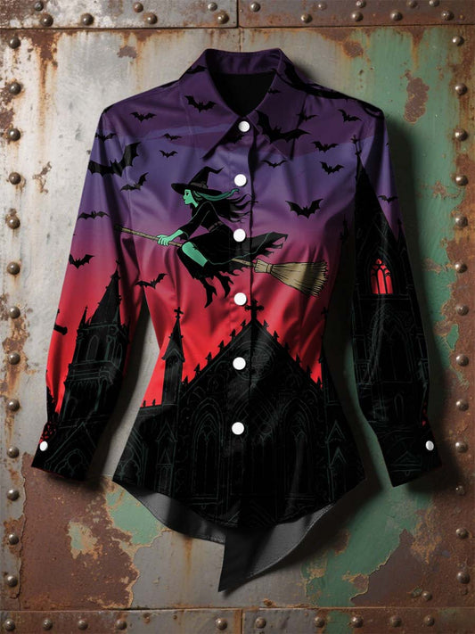 Women's  Vintage Punk Halloween Witch Bats Printed Casual Long Sleeve Irregular Shirt