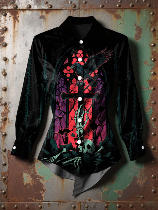 Women's  Vintage Punk Halloween Skull Raven Window Printed Casual Long Sleeve Irregular Shirt