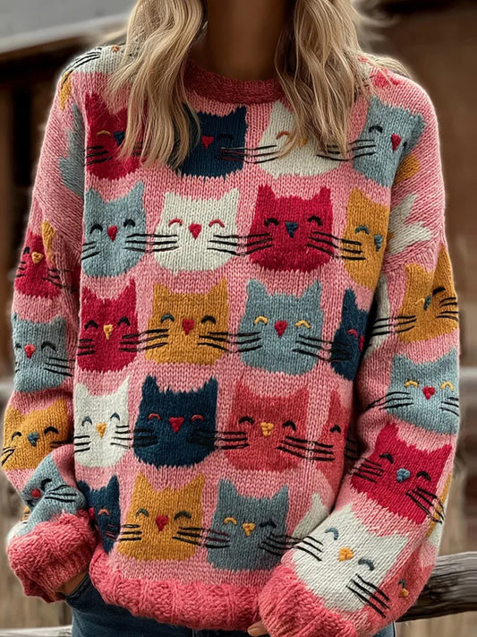 Women's Vintage Cat Art Print Sweater