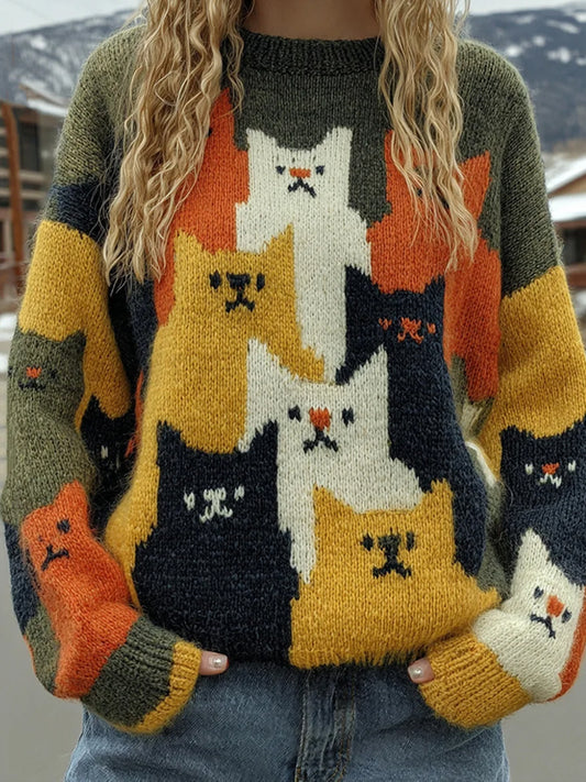 Women's Vintage Cat Art Print Sweater