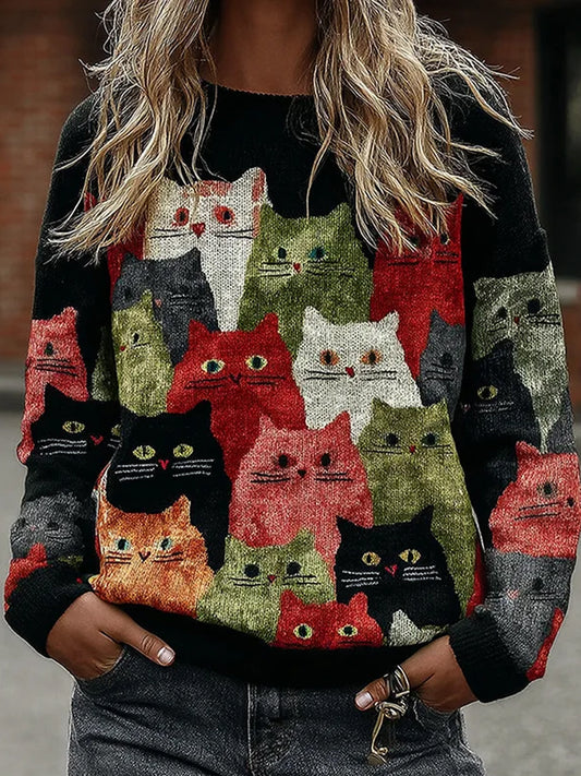 Women's Vintage Cat Art Print Sweater
