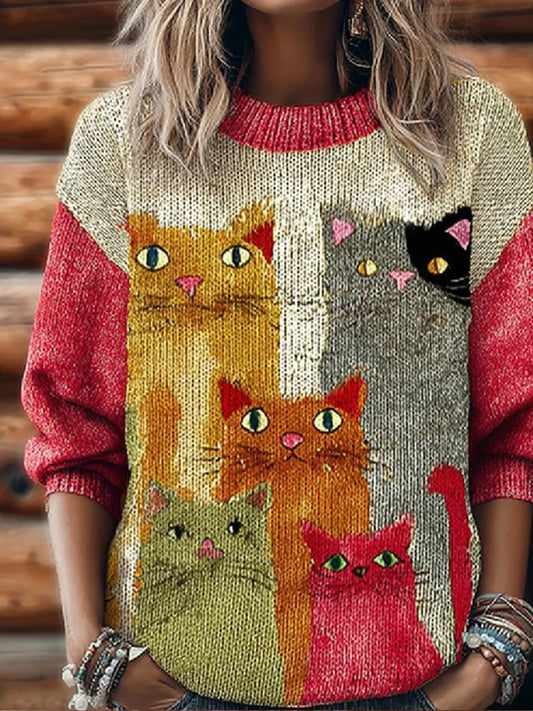 Women's Vintage Cat Art Print Sweater