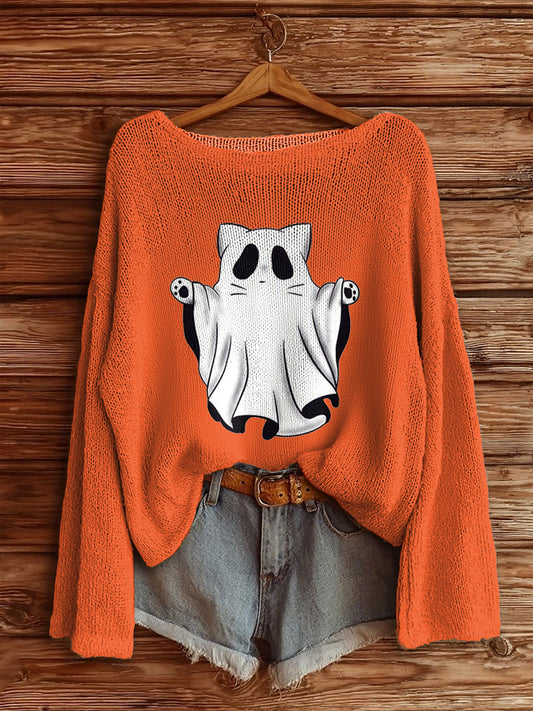 Women's Halloween Boo Round Neck Knit Sweater