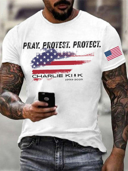 Men's Pray Protest Protect Charlie Kirk Printed T-shirt