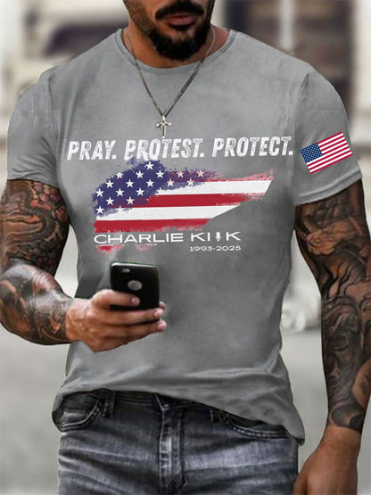 Men's Pray Protest Protect Charlie Kirk Printed T-shirt