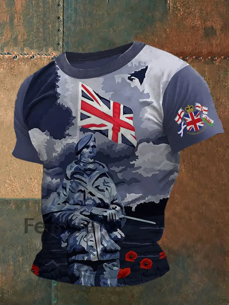 Union Jack Printed Vintage Fashion Loose Short Sleeve T-Shirt Blue / S