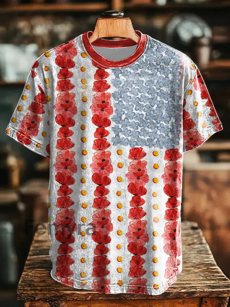 Unisex Memorial Day Poppy Flag Veteran Printed T-shirt As picture / S