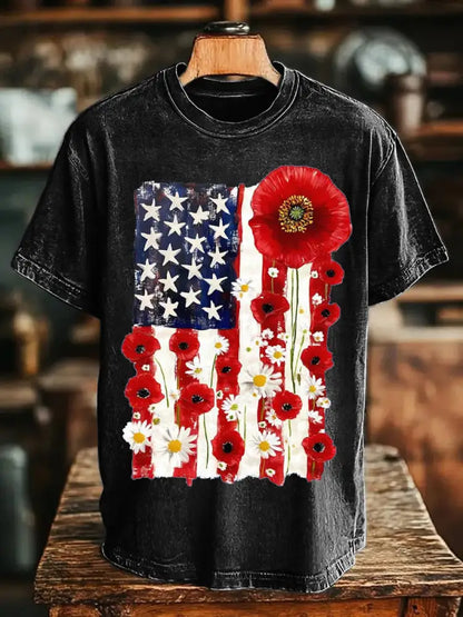 Unisex Memorial Day Poppy Flag Veteran Printed T-shirt Black / S