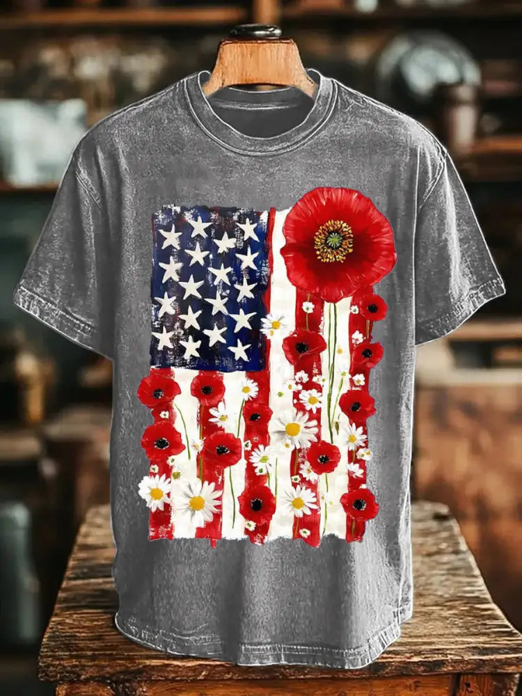 Unisex Memorial Day Poppy Flag Veteran Printed T-shirt Gray / S
