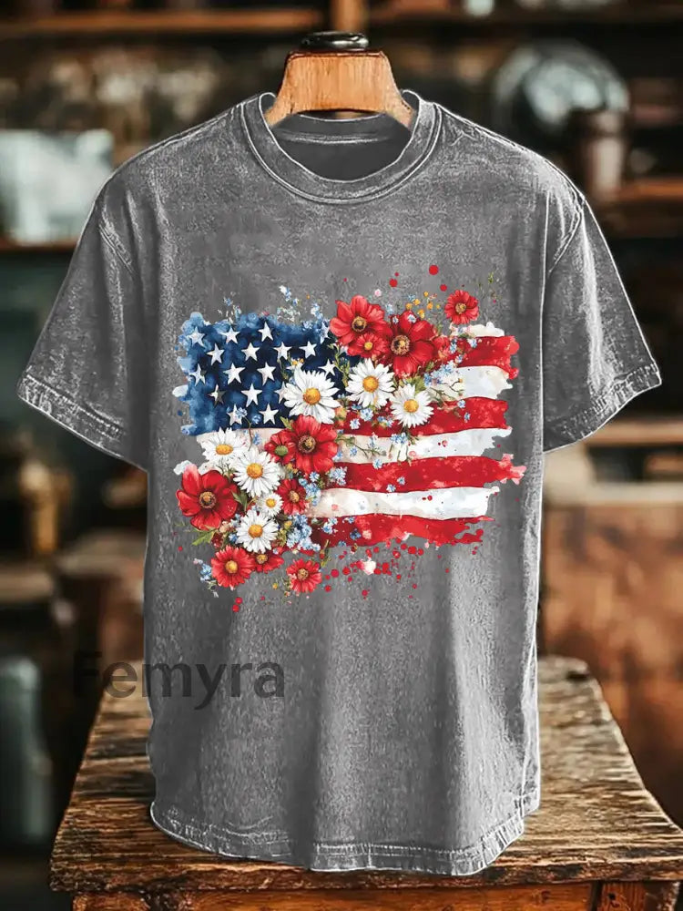 Unisex Memorial Day Poppy Flag Veteran Printed T-shirt Gray / S