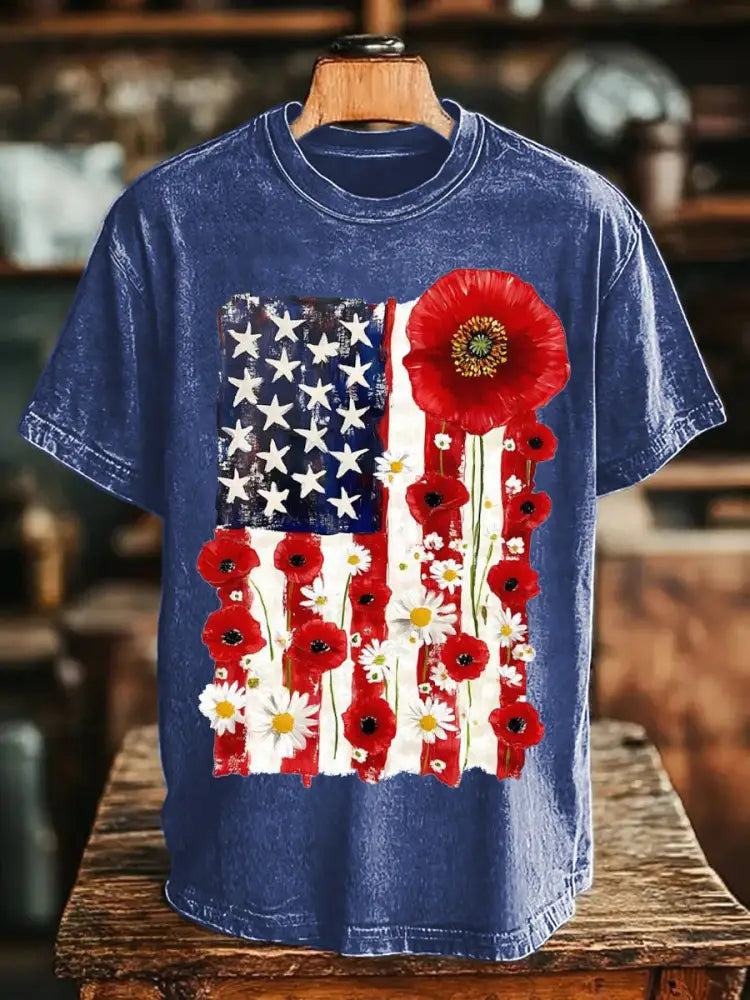 Unisex Memorial Day Poppy Flag Veteran Printed T-shirt Navy Blue / S