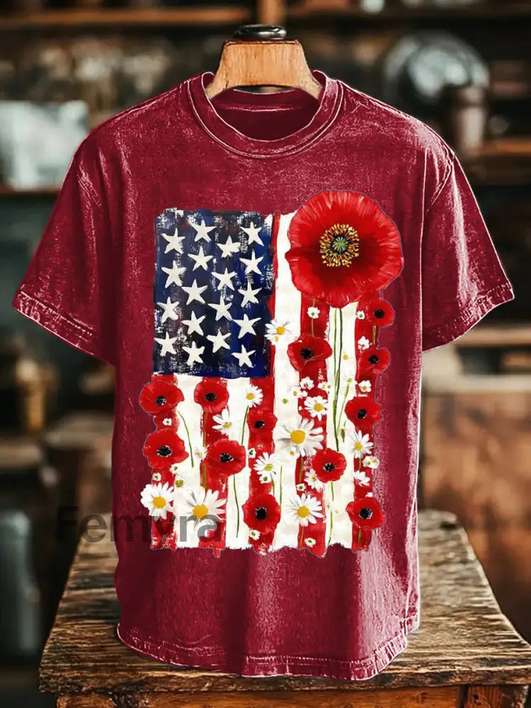 Unisex Memorial Day Poppy Flag Veteran Printed T-shirt Red / S