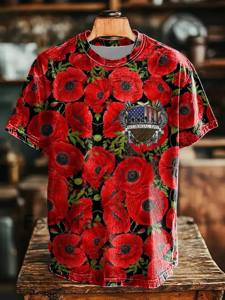 Unisex Memorial Day Poppy Flag Veteran Printed T-shirt Red / S
