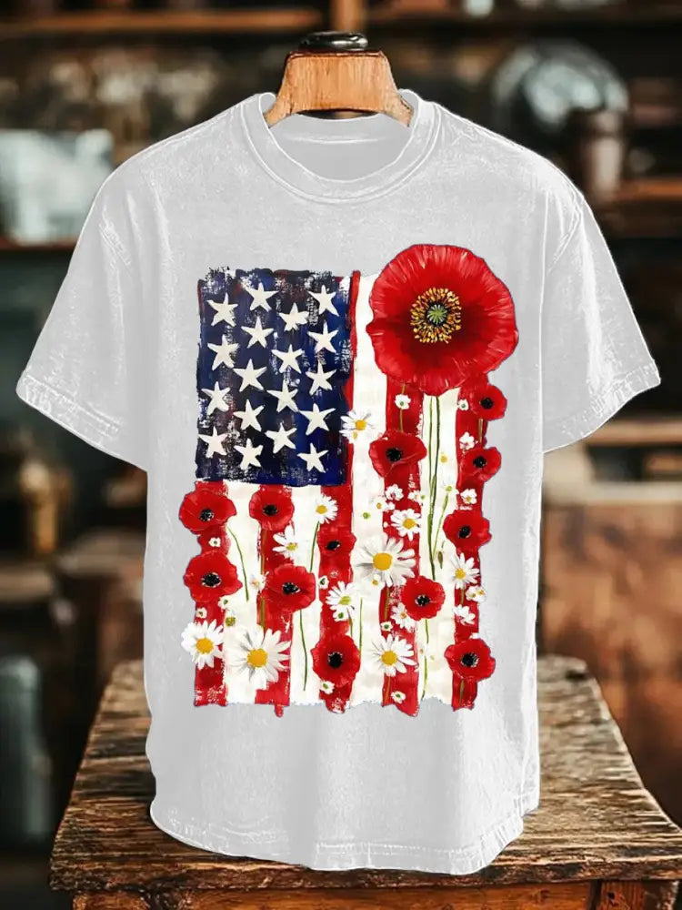 Unisex Memorial Day Poppy Flag Veteran Printed T-shirt White / S