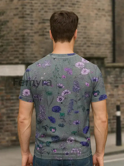 Unisex Retro Abstract Floral Print Casual Loose Short Sleeve T-Shirt
