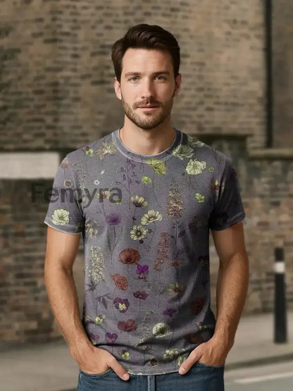 Unisex Retro Abstract Floral Print Casual Loose Short Sleeve T-Shirt