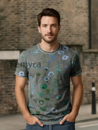 Unisex Retro Abstract Floral Print Casual Loose Short Sleeve T-Shirt