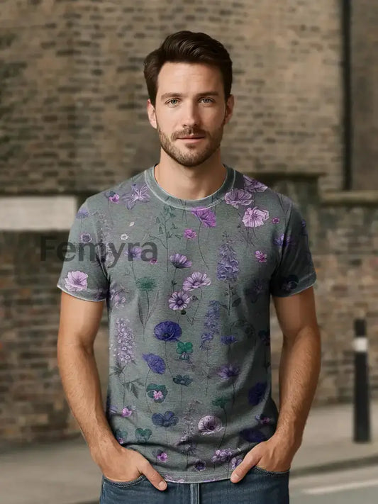 Unisex Retro Abstract Floral Print Casual Loose Short Sleeve T-Shirt