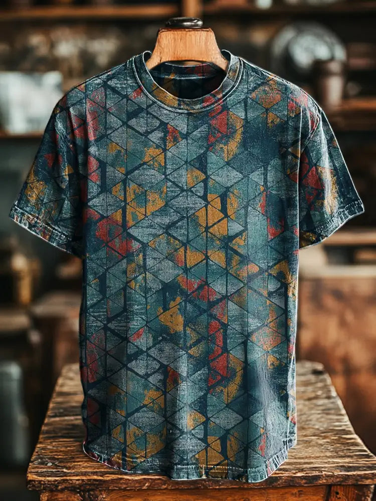 Unisex Retro Abstract Geometric Print Casual Loose Short Sleeve T-Shirt Colorful / S